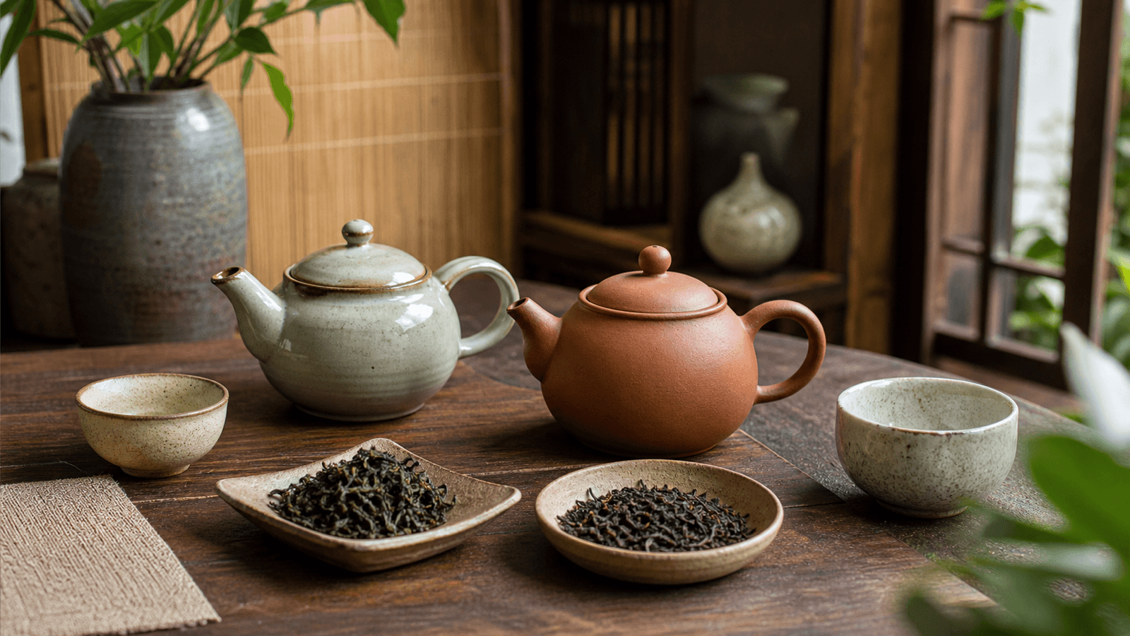 Hai chiếc ấm gốm và tử sa đặt cạnh lá trà khô trên bàn trà