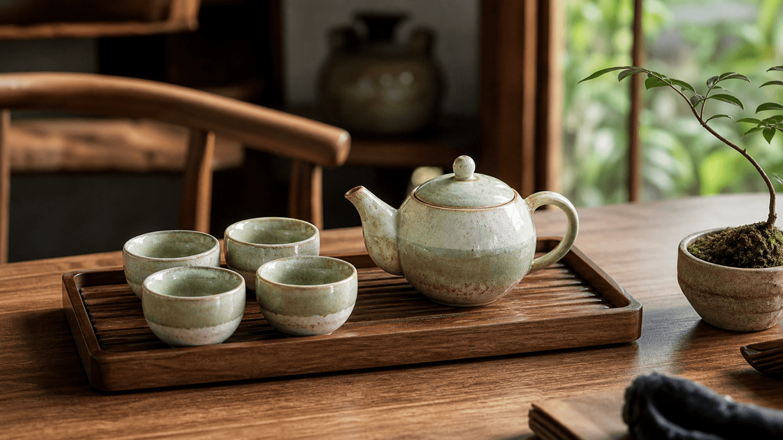 Bộ ấm pha trà gốm Bát Tràng với bốn chén nhỏ trên khay gỗ