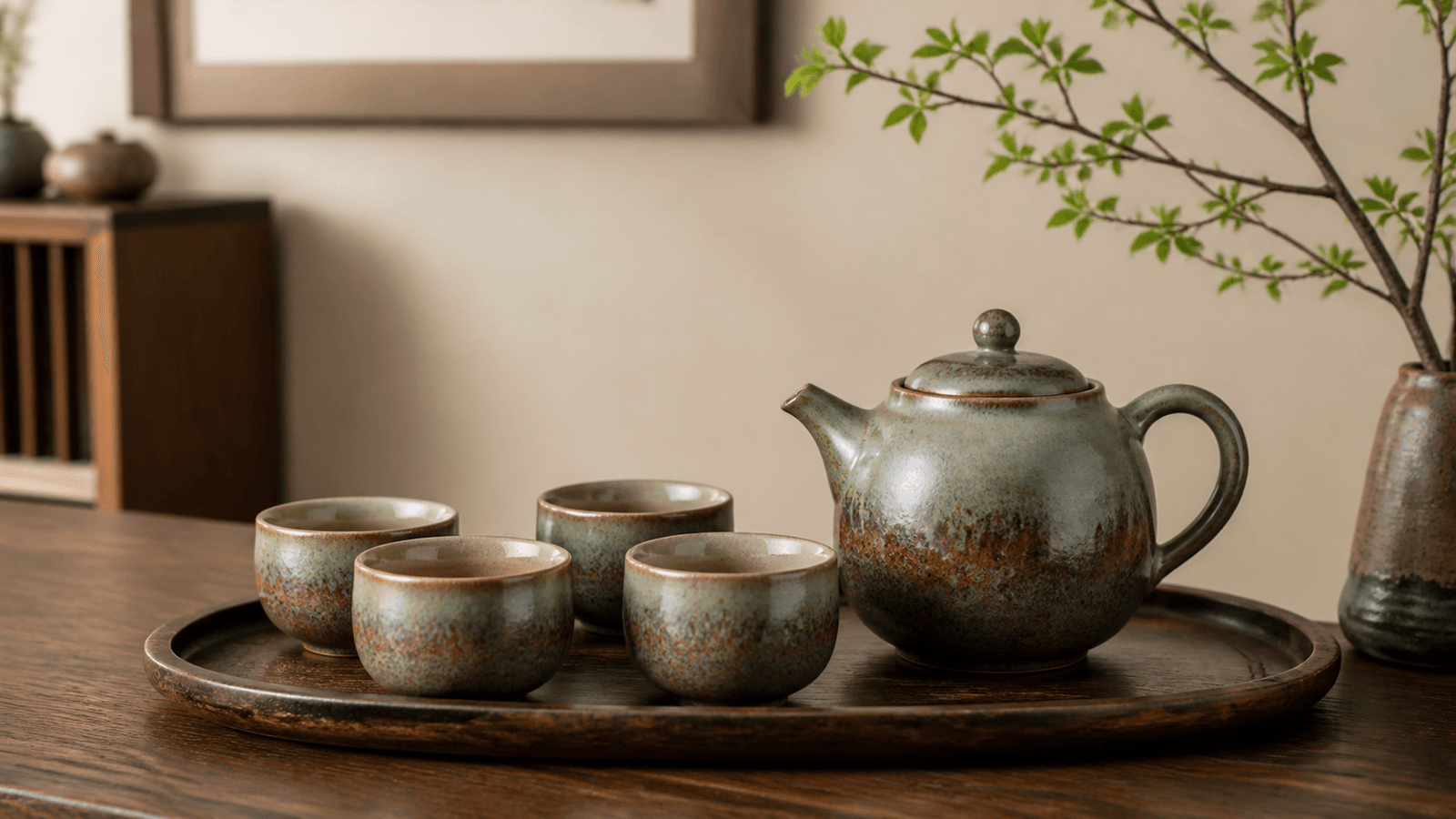 Bộ ấm chén gốm màu kem gồm ấm trà và bốn tách trên bàn gỗ