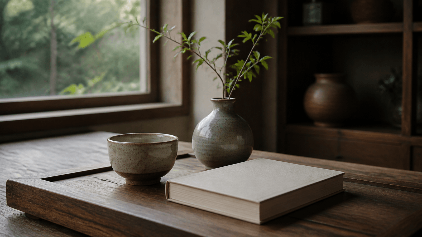 Một người đặt tách trà lên khay gỗ cạnh sổ tay ghi kích thước