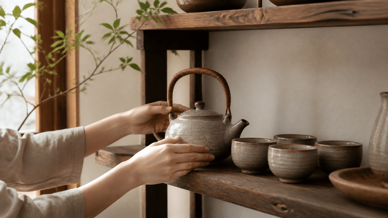 Góc trà tối giản với bộ ấm chén gốm trên kệ gỗ và cành cây xanh