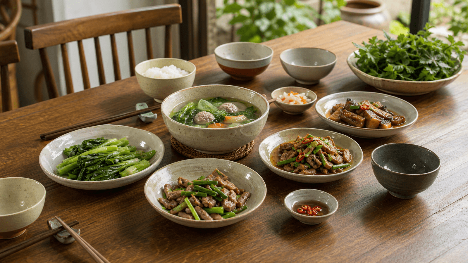Bàn ăn Việt với bát cơm, tô canh và đĩa món bằng gốm sứ