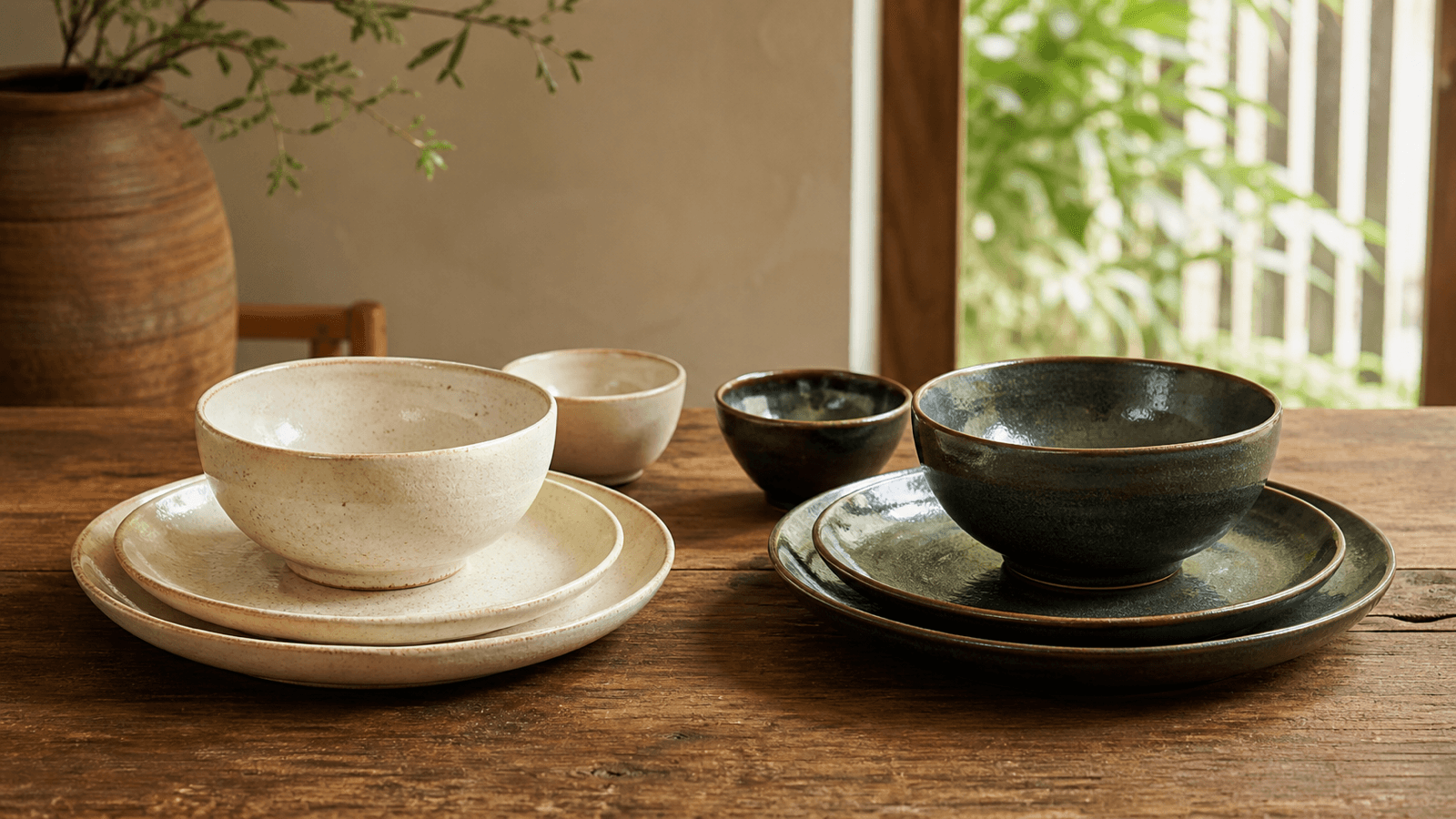 Hai bộ bát đĩa gốm sứ đặt cạnh nhau để so sánh men và dáng