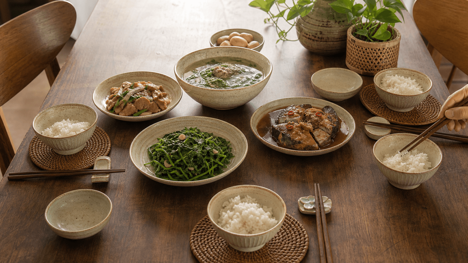 Bữa cơm gia đình với bát cơm, tô canh và đĩa món bằng gốm sứ