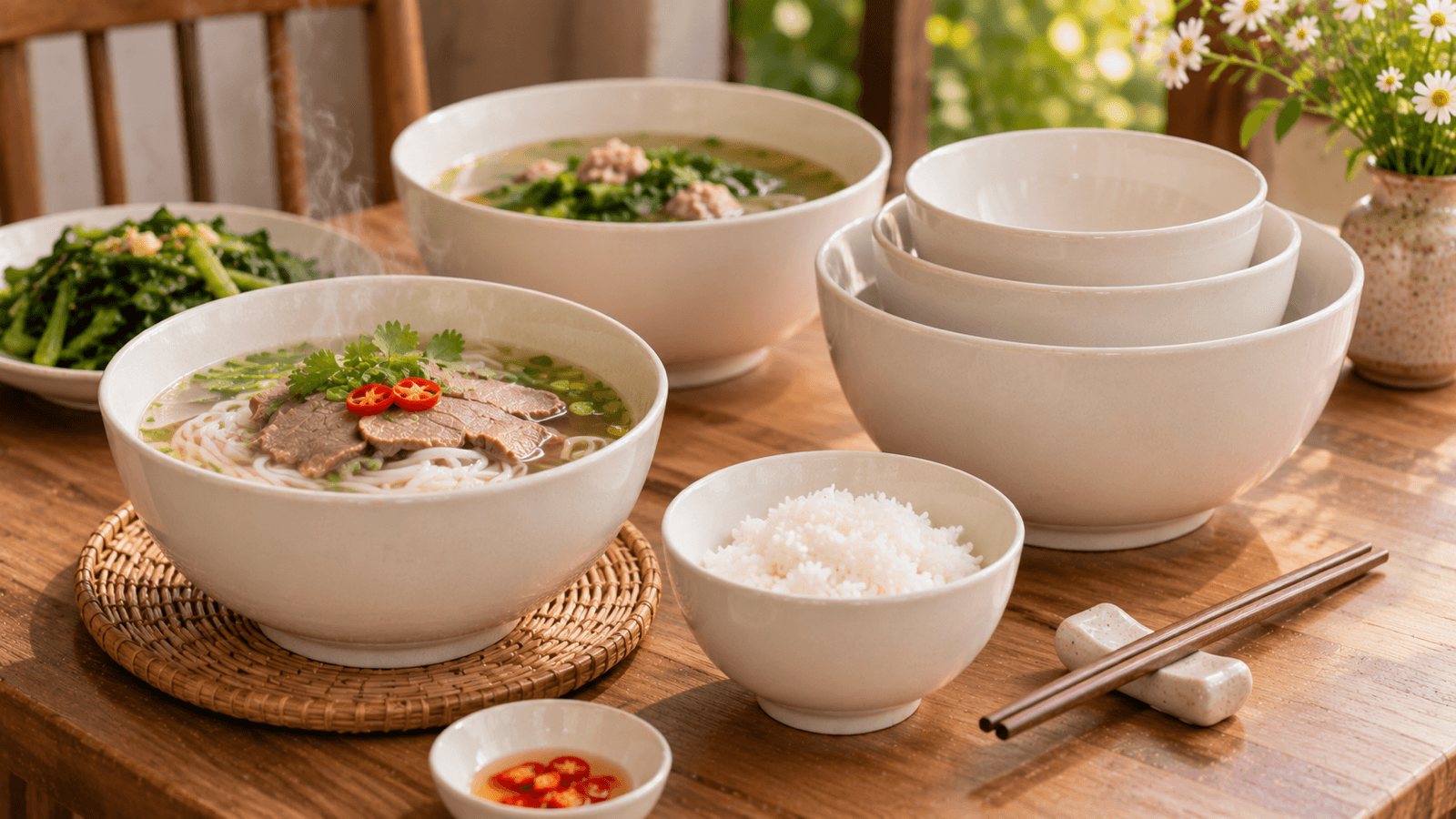 Bộ bát tô sứ trắng ba cỡ xếp chồng trên bàn ăn gỗ bên tô phở đang bốc khói
