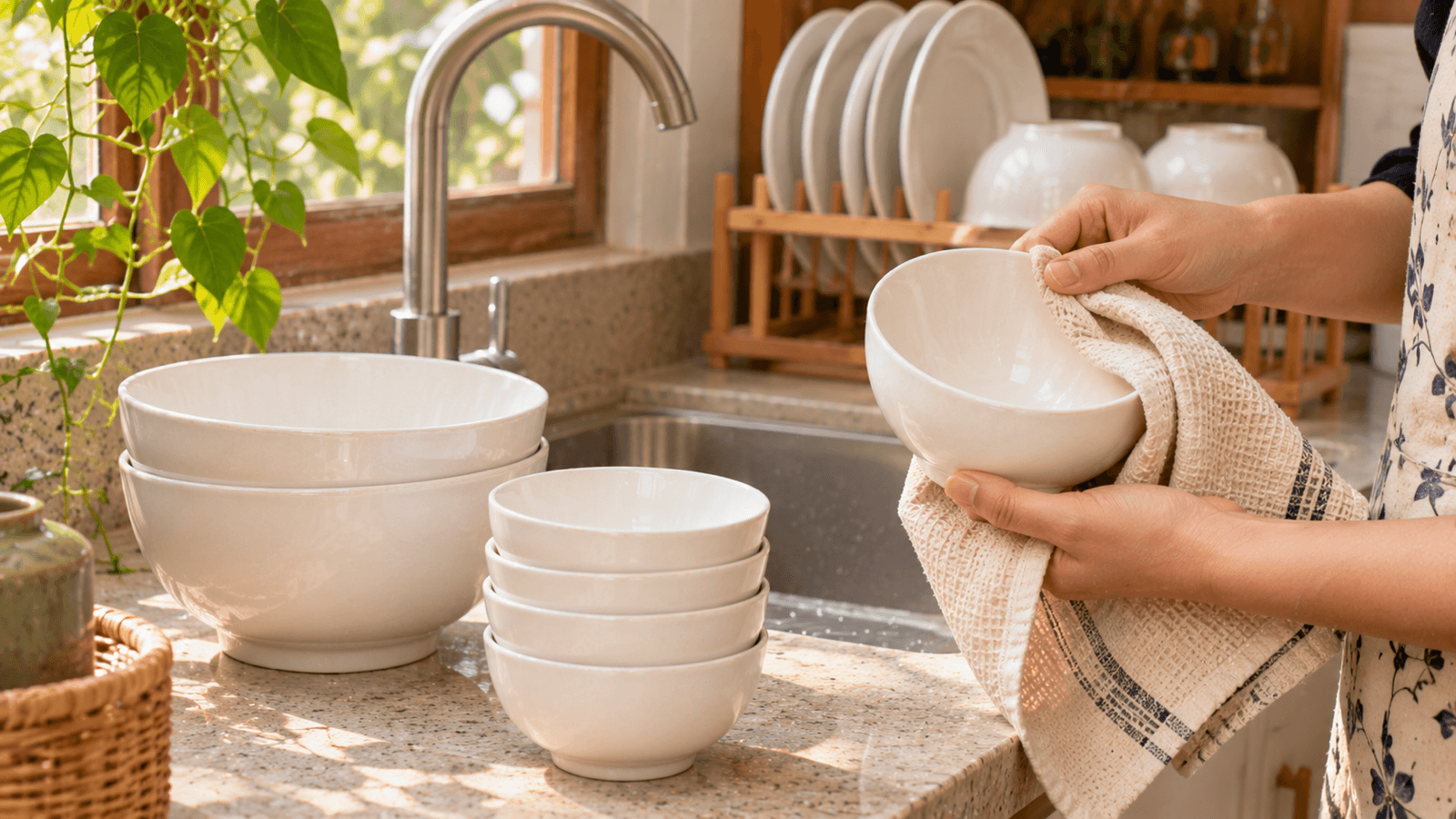 Bàn tay lau khô một chồng bát sứ trắng sạch bên vòi nước trong bếp sáng