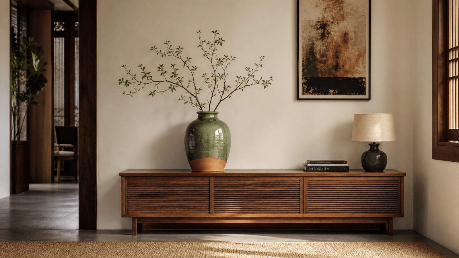 Bình gốm Bát Tràng đặt trên bàn console có khoảng nền thoáng