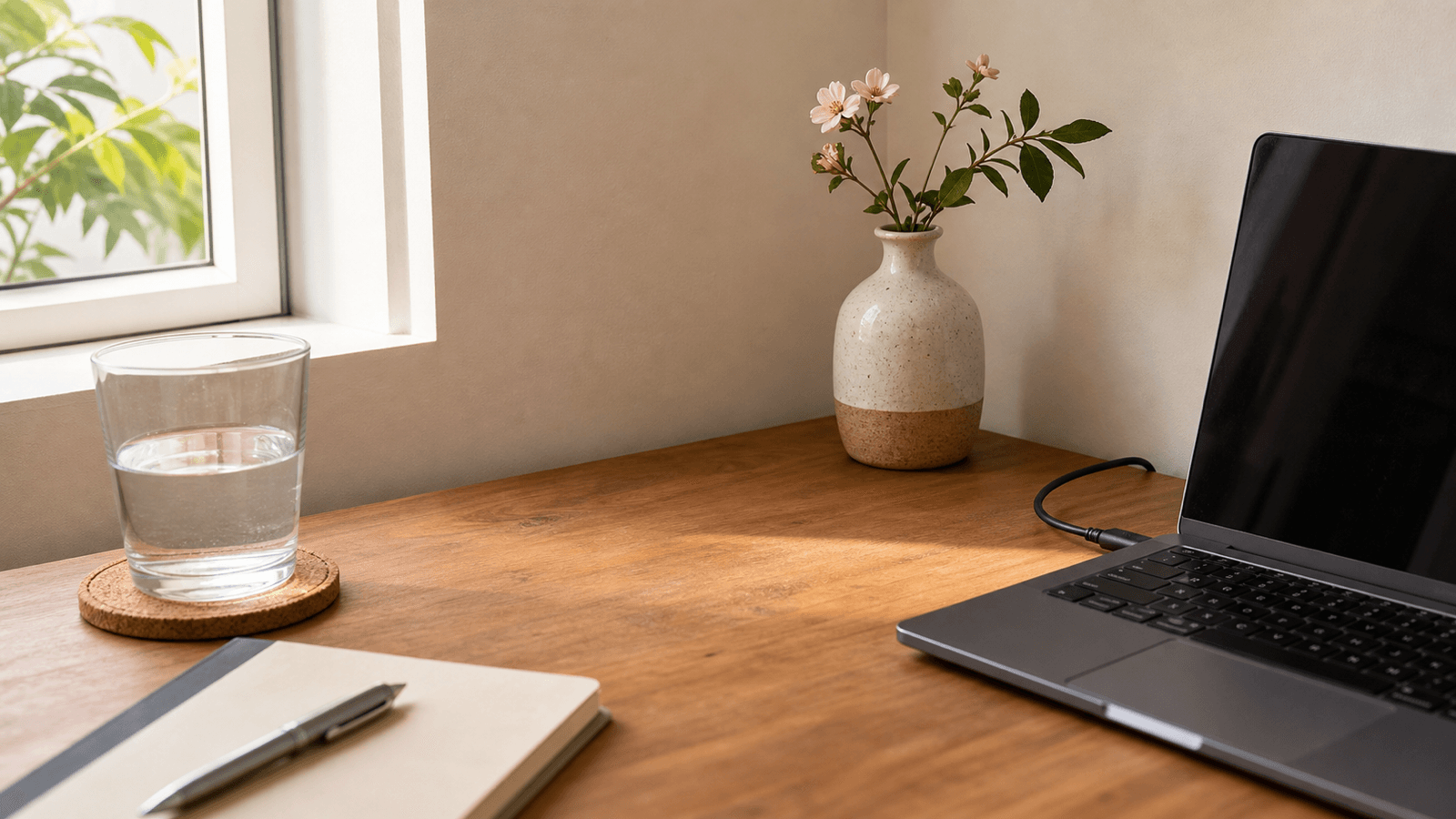 Bình hoa nhỏ đặt ở góc bàn làm việc cách xa laptop và dây điện