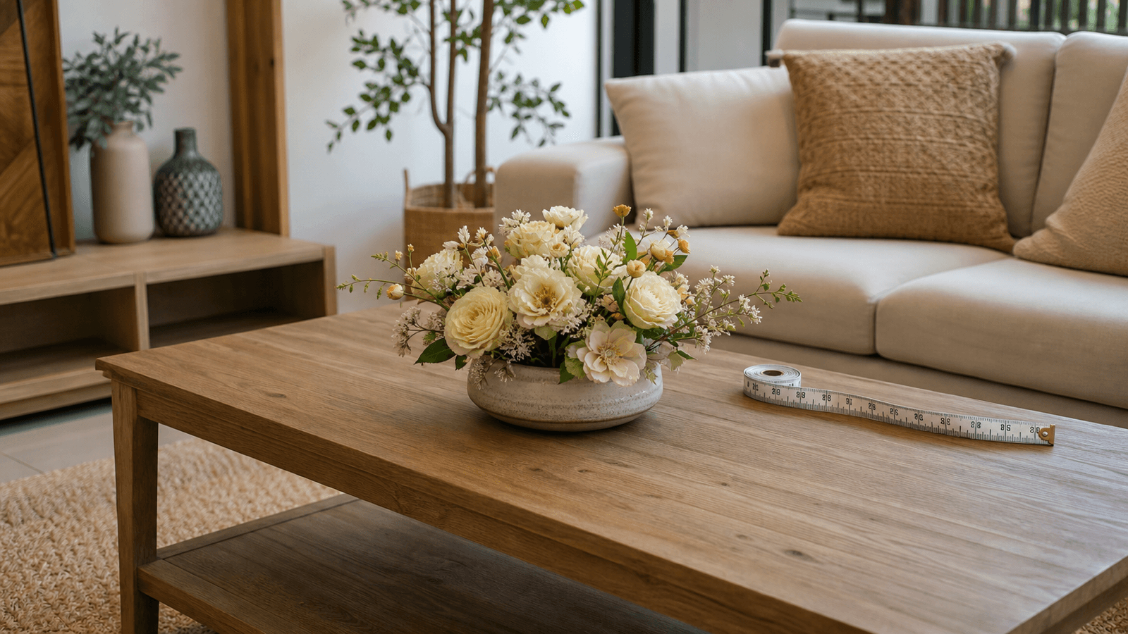Bình hoa giả thấp được thử tỷ lệ trên bàn trà phòng khách