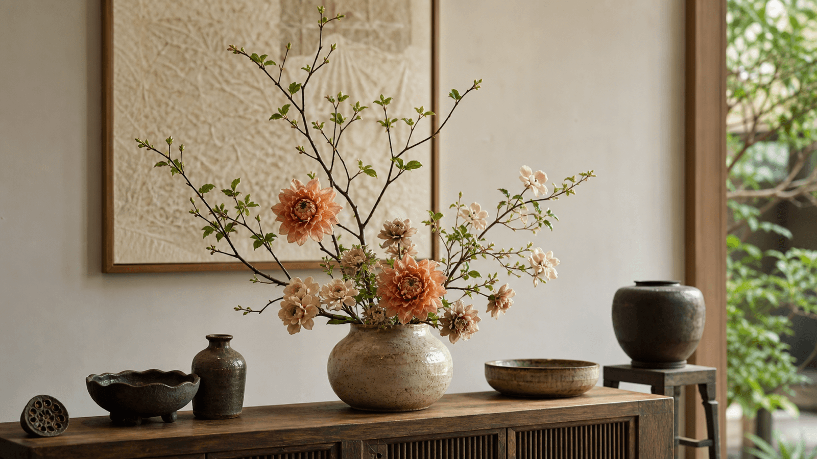 Cụm hoa giả có khoảng thở với các cành cao thấp trên bàn console