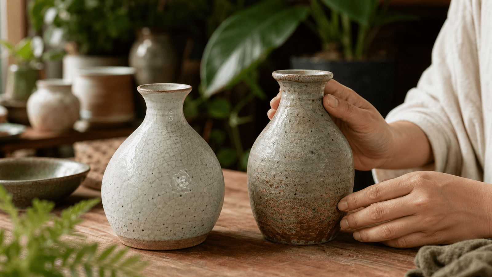 Hai bình gốm phong cách Nhật được quan sát dáng và bề mặt trên bàn gỗ