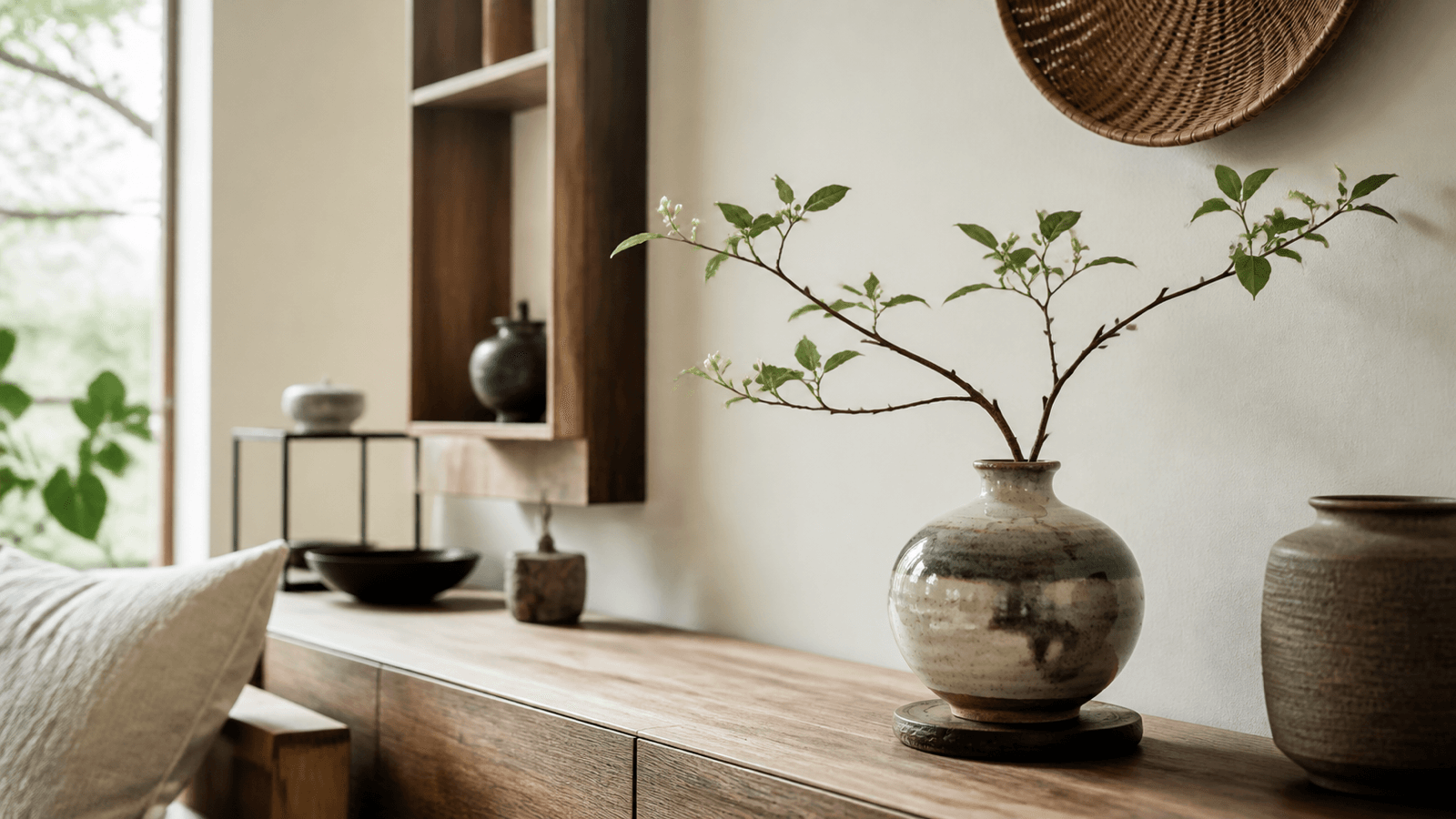 Bình gốm phong cách Nhật cắm ít cành trên kệ phòng khách sáng