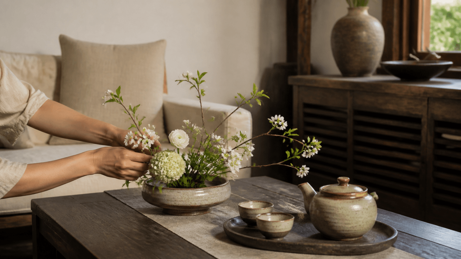 Bình hoa lụa thấp được thử tỷ lệ trên bàn trà phòng khách