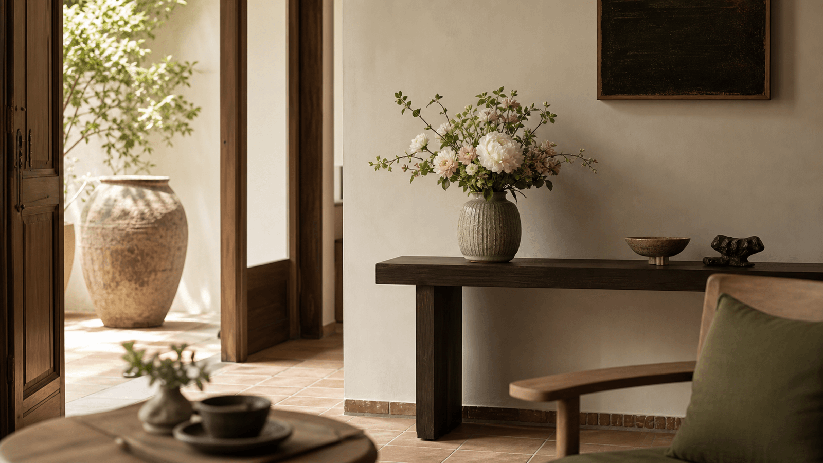 Bình hoa lụa gọn trên bàn console với khoảng trống xung quanh