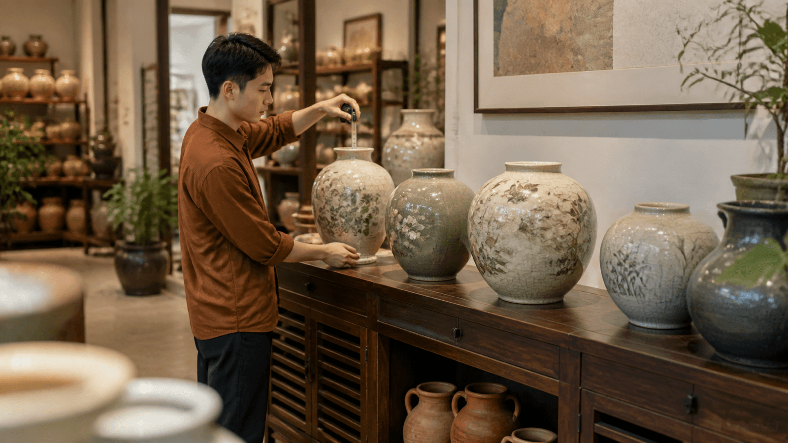 Bình hút tài lộc được thử tỷ lệ trên tủ trong không gian kinh doanh