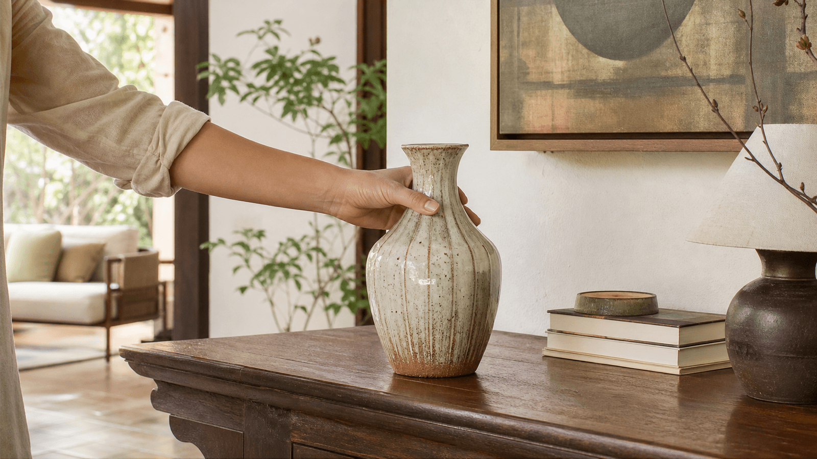 Bình sứ trang trí được thử tỷ lệ trên bàn console trong phòng khách