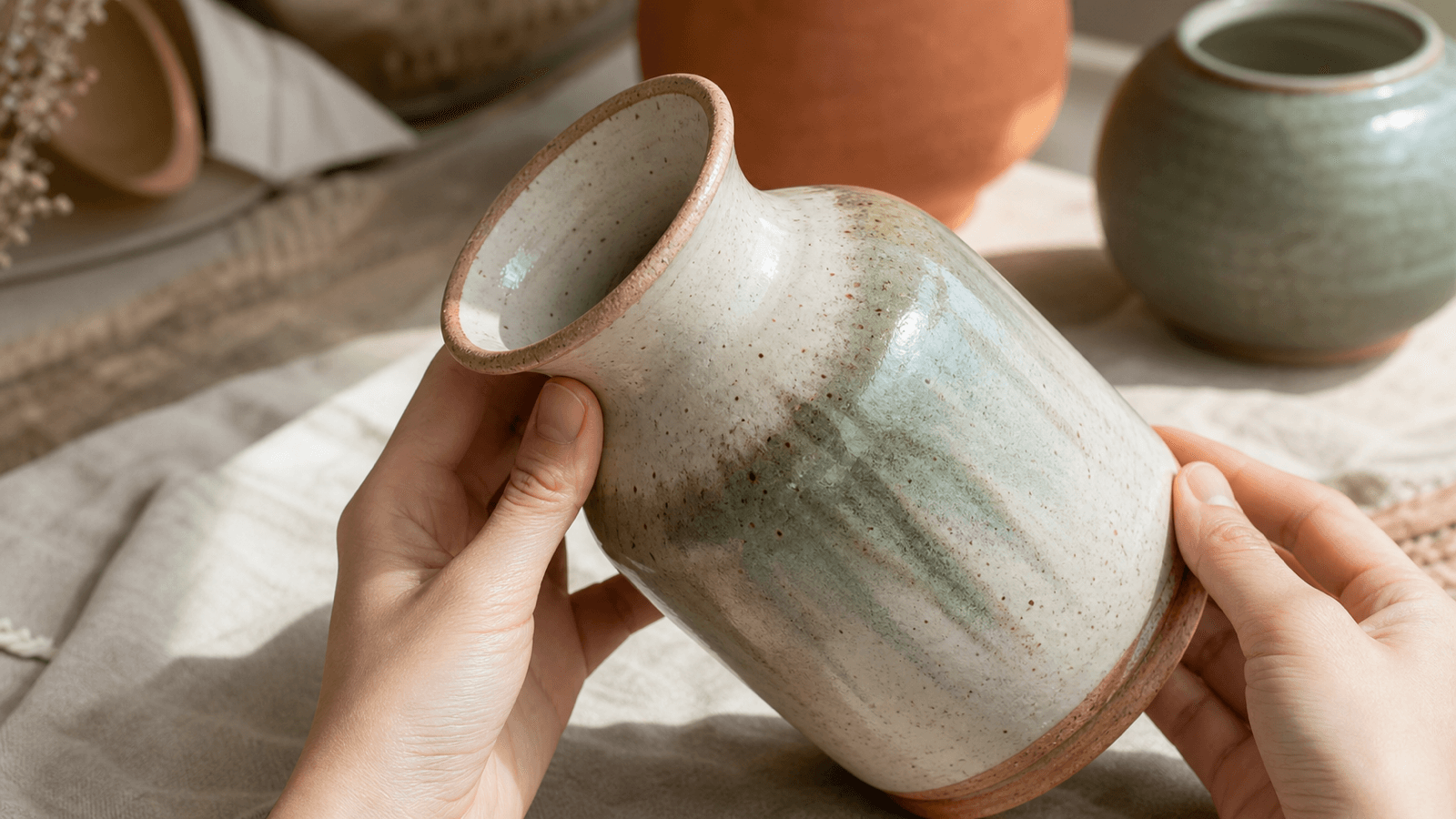 Cận cảnh màu men và miệng của lọ hoa sứ trang trí