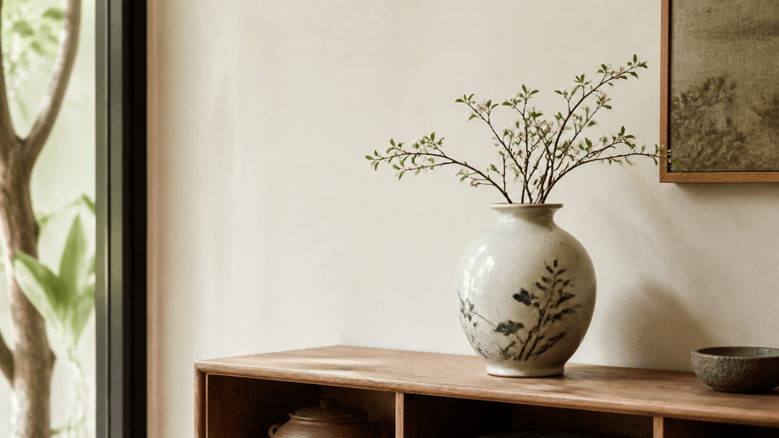 Bình sứ trang trí phối với cành hoa đơn giản trên kệ gỗ