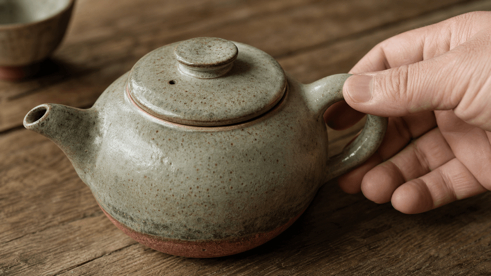 Cận cảnh miệng, quai, vòi và nước men của một ấm trà gốm sứ