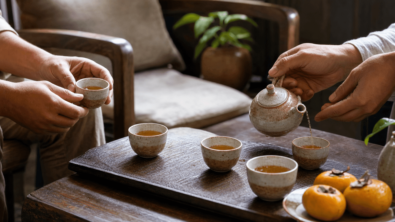 Bộ ấm chén gốm sứ được sử dụng trong một góc tiếp khách nhỏ