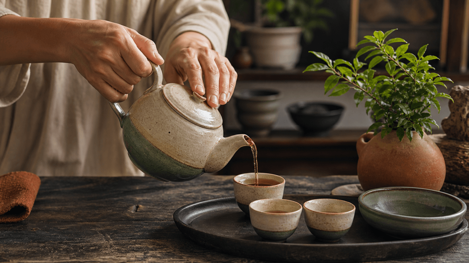 Bộ ấm chén gốm sứ Việt Nam đang được dùng để rót trà