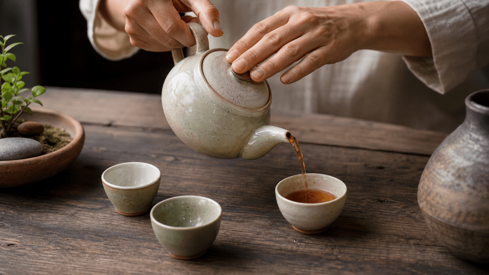 Bàn tay rót trà từ một ấm gốm vào chén nhỏ trên bàn gỗ