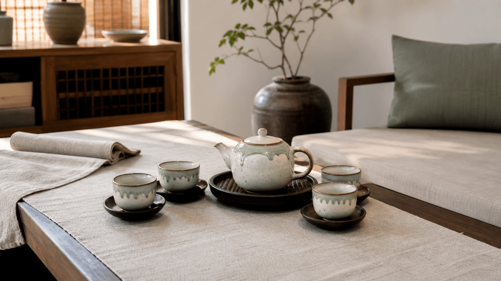 Một bộ ấm chén gốm sứ đặt trong góc tiếp khách sáng tự nhiên