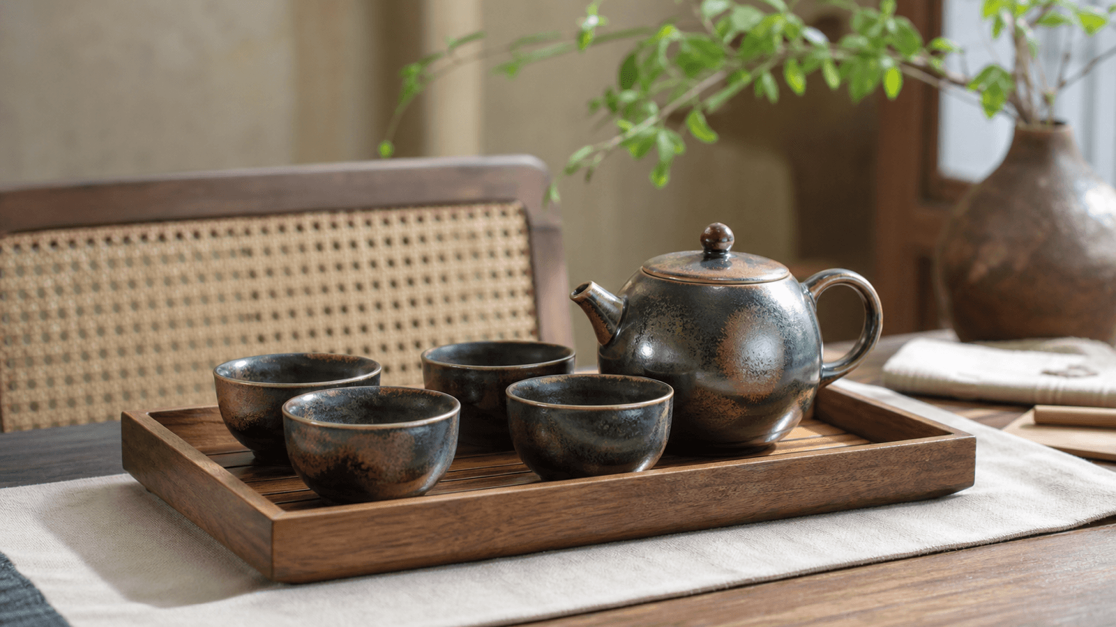 Bộ ấm chén hỏa biến đặt trên khay gỗ đơn giản sau khi pha trà