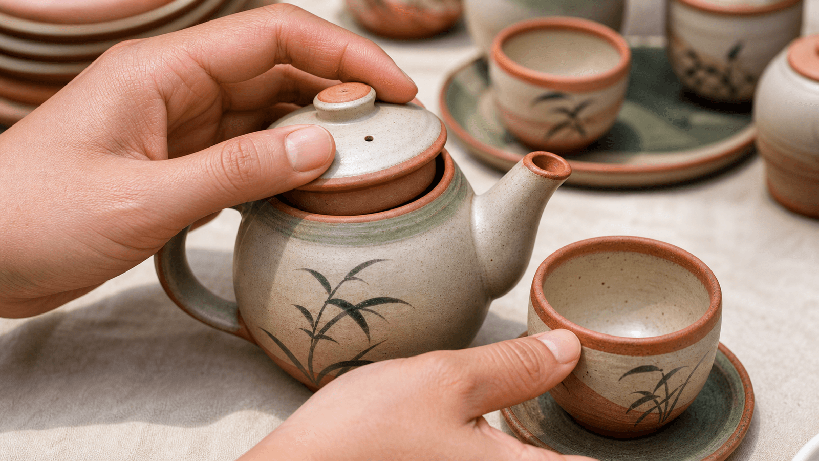 Kiểm tra nắp ấm, vòi rót và miệng chén của bộ ấm trà Bát Tràng