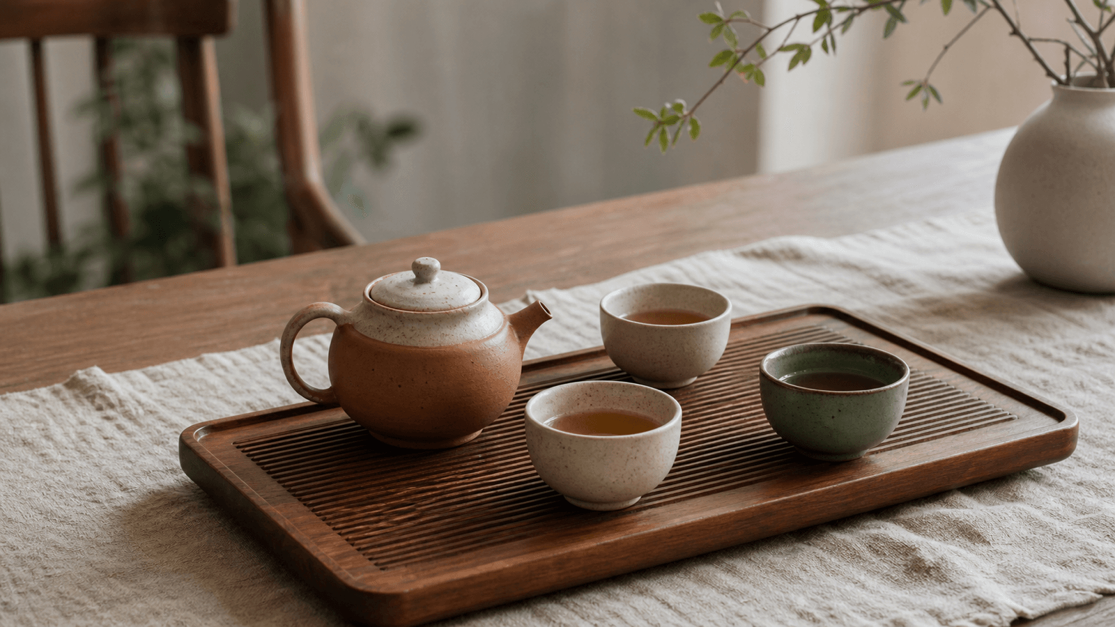Bộ ấm trà đạo nhỏ được bày cho hai người trên khay gỗ