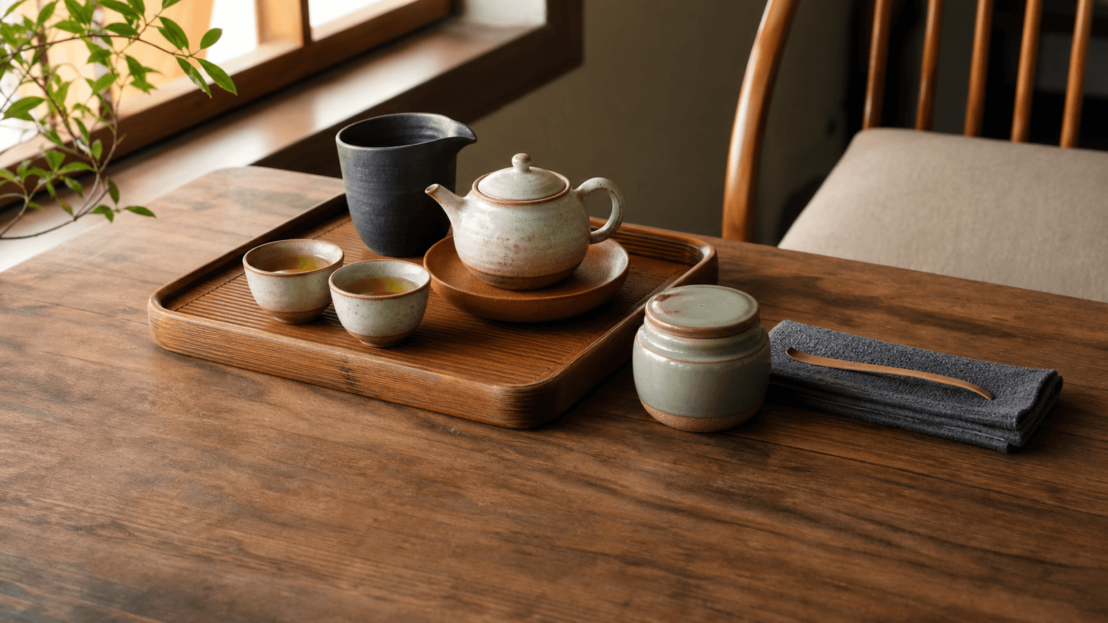 Bàn trà đạo gọn với ấm, chén, khăn và hũ trà được sắp xếp vừa tay