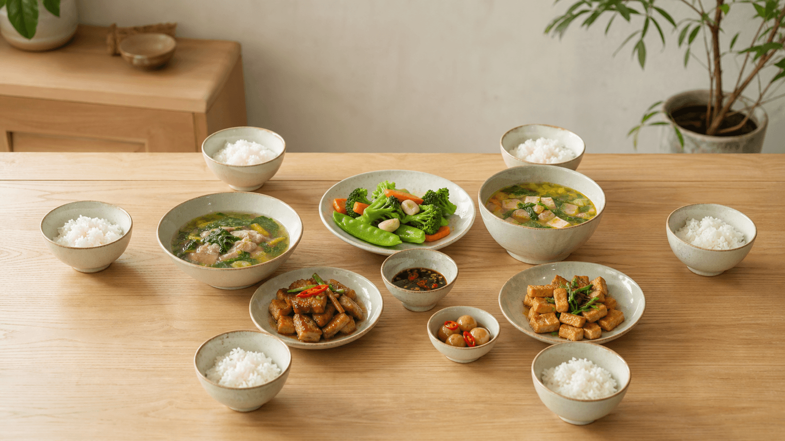 Bộ bát đĩa sứ cho sáu người được bày trên bàn ăn gia đình