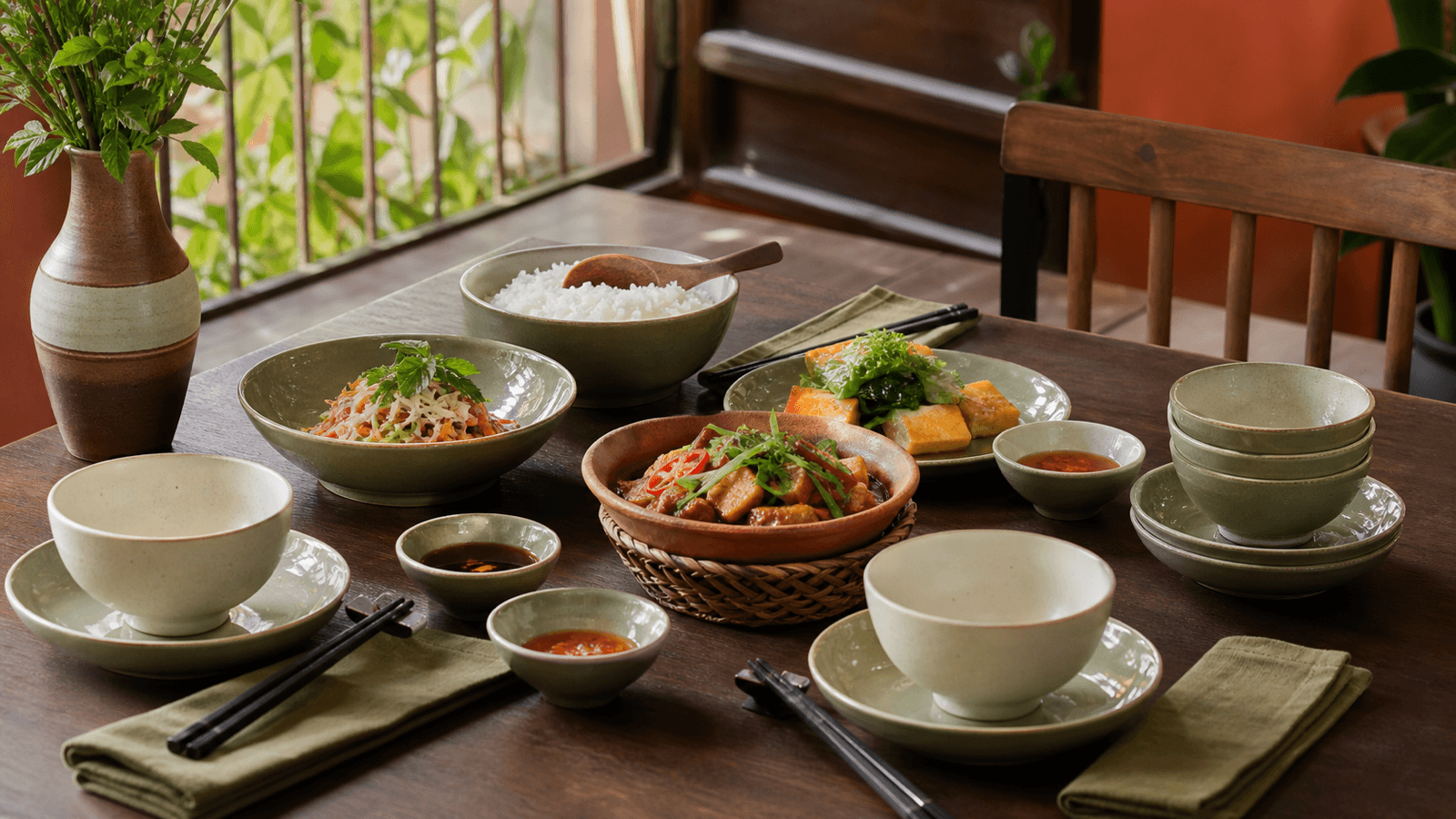 Bàn nhà hàng được set up bằng bát đĩa sứ đồng bộ theo menu