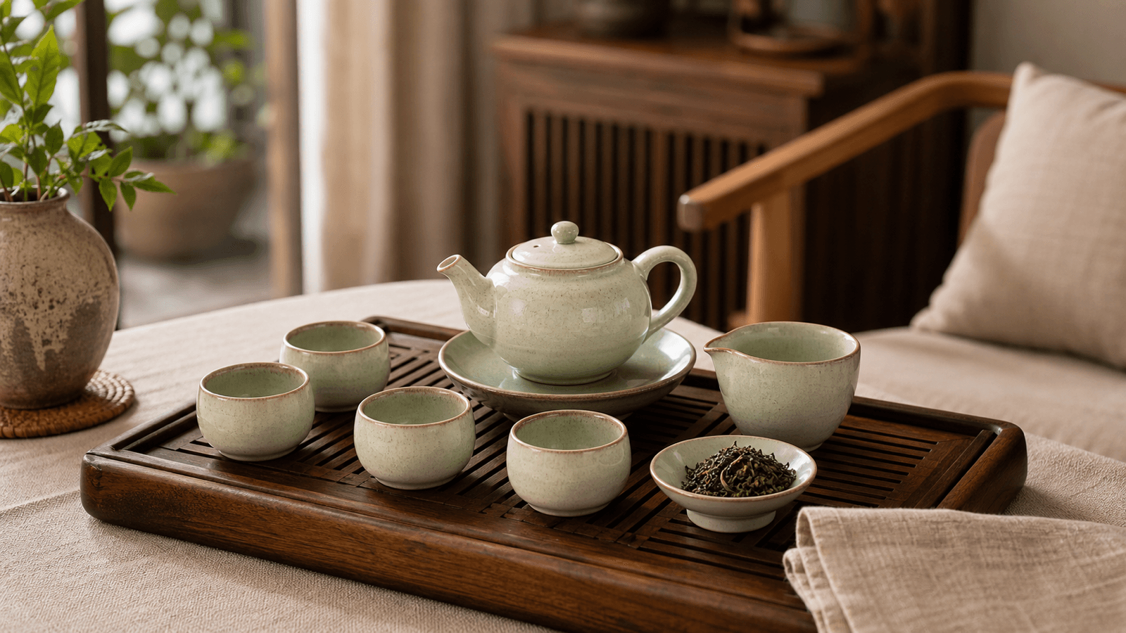 Mẫu bộ ấm chén gốm sứ đặt trên bàn trà phòng khách với khay gỗ