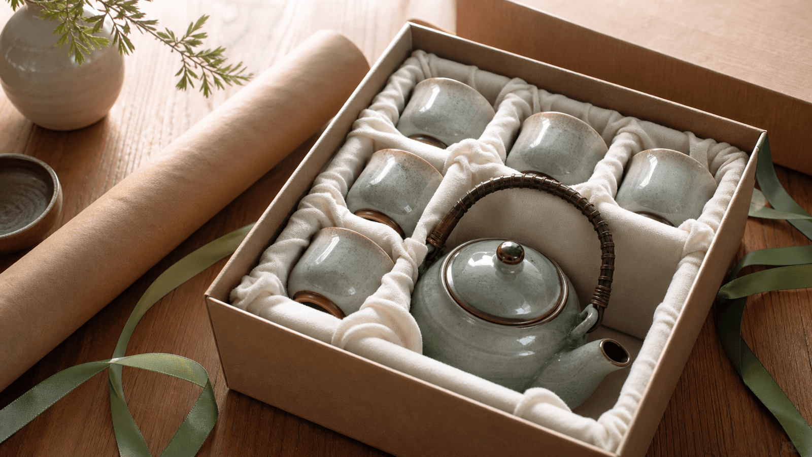 Bộ ấm chén gốm sứ được đặt trong hộp quà có lớp lót bảo vệ