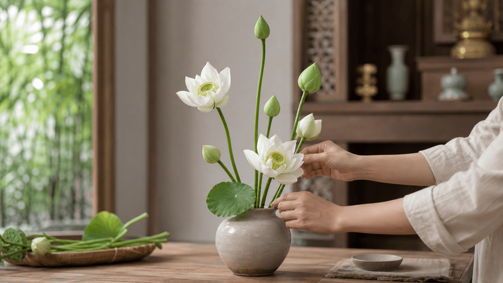 Cac canh sen trang duoc can chieu cao va cam lop chinh phu trong binh gom