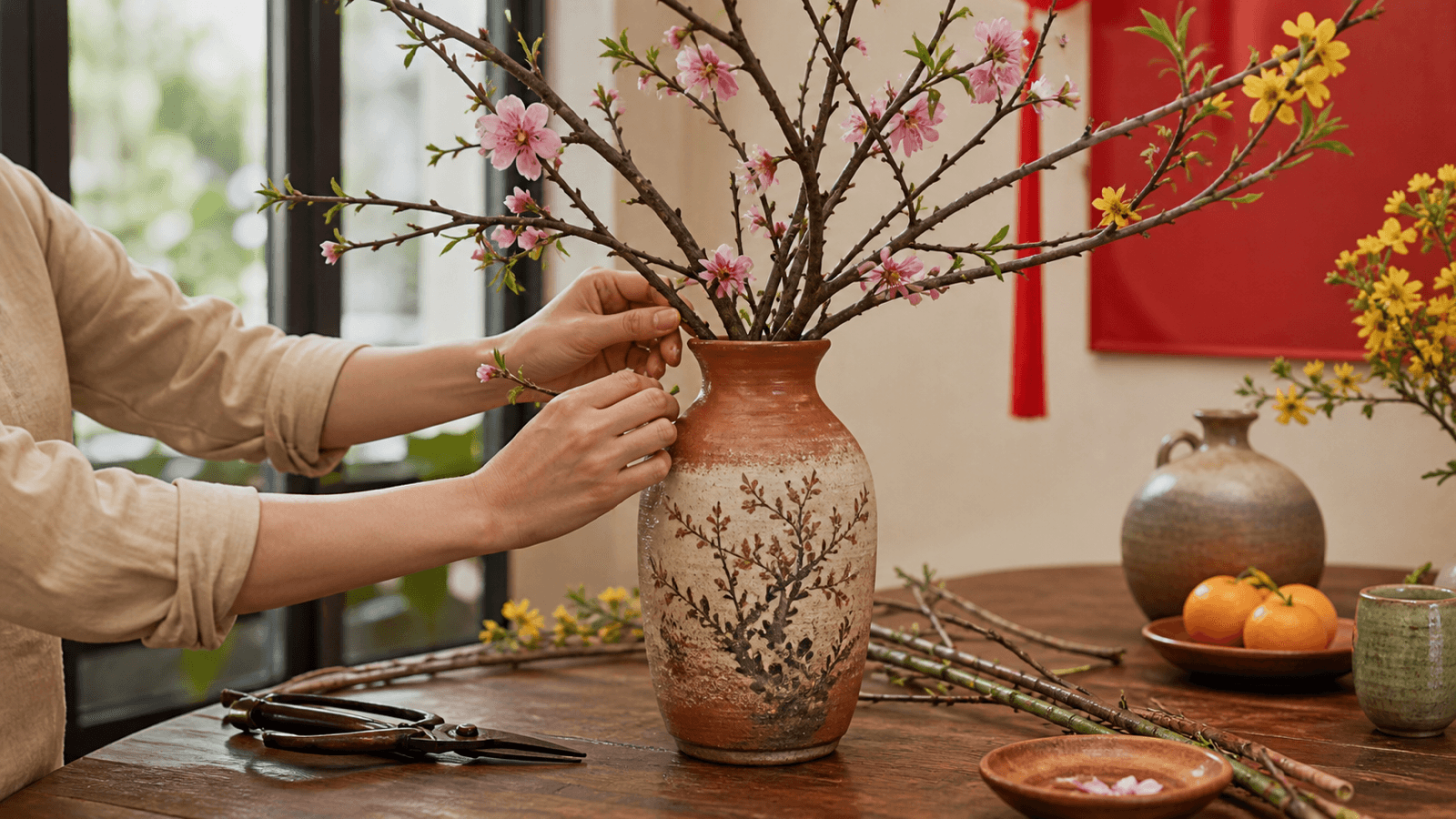 Cách Cắm Lọ Hoa Đẹp Ngày Tết minh họa cho phần Cách cắm cành đào hoặc cành mai