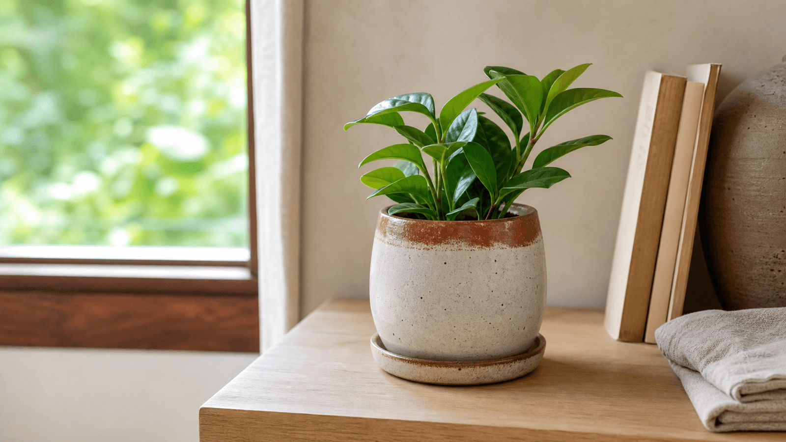 Chậu gốm mini có cây xanh đặt trên kệ gỗ trong nhà