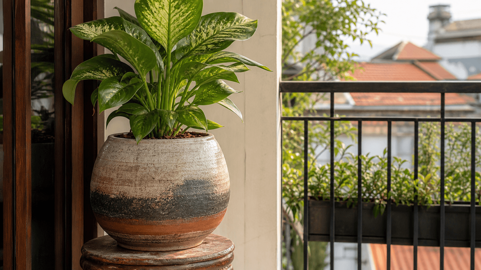 Chậu gốm Bát Tràng có cây xanh trong ánh sáng tự nhiên