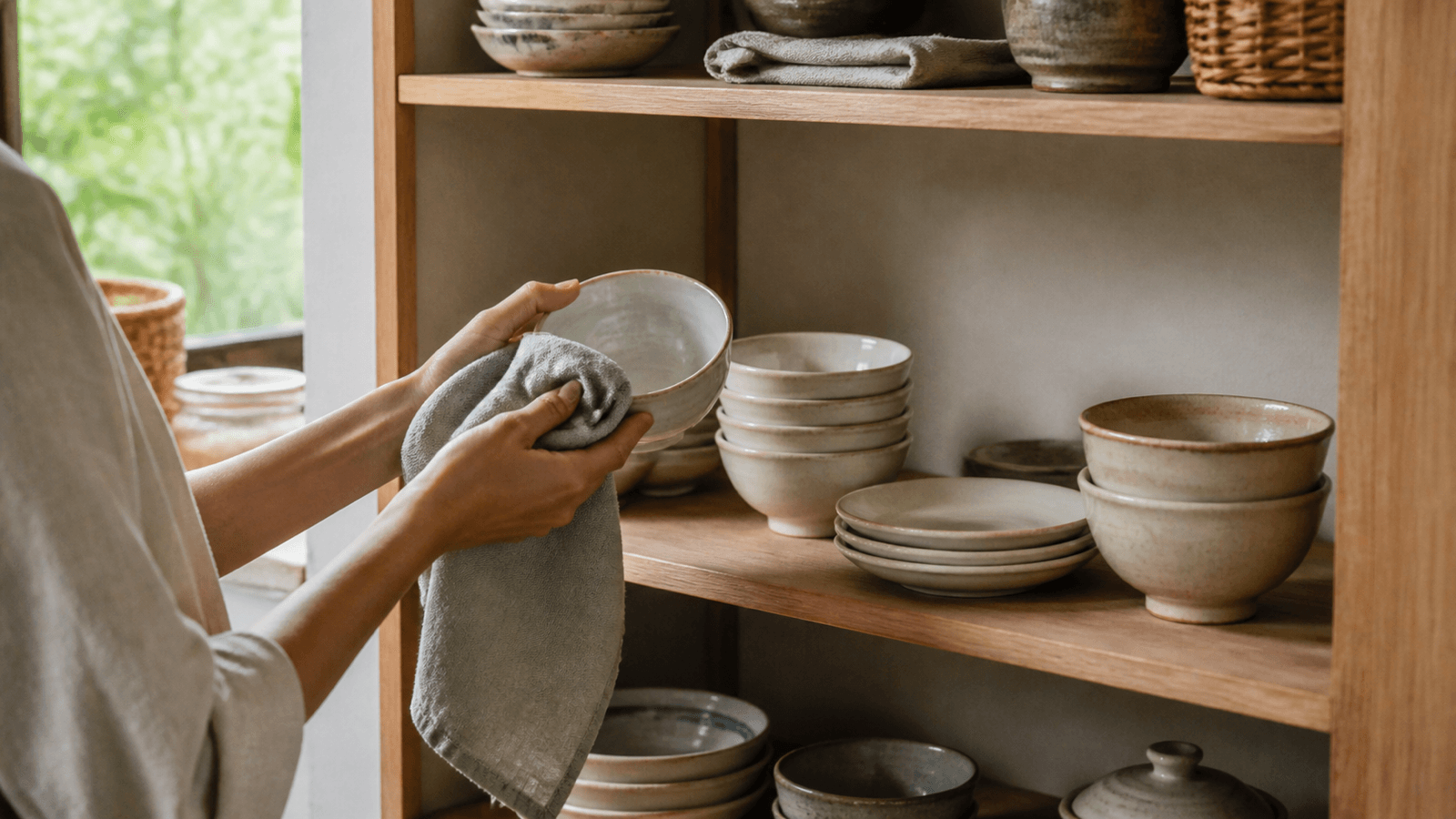 Người lau khô chén đĩa và xếp gọn vào kệ bếp