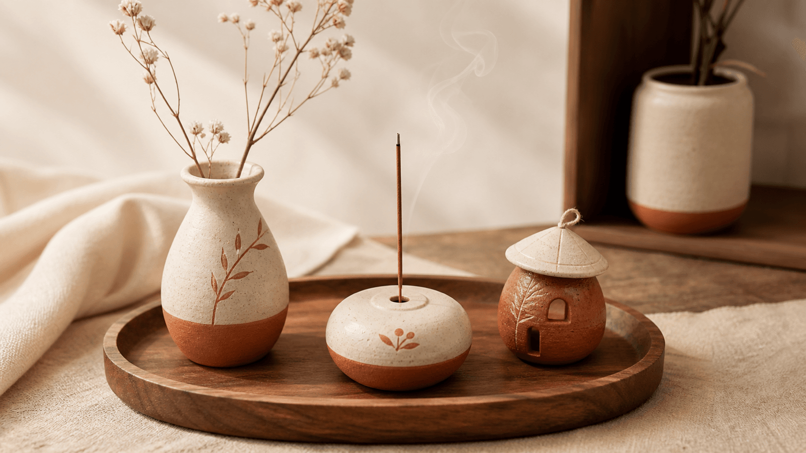 Bộ đồ lưu niệm gốm nhỏ thủ công được bày trên khay gỗ