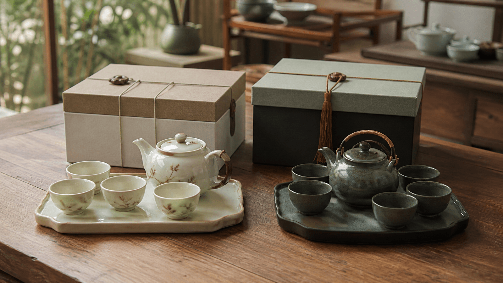 Hai bộ ấm chén đặt cạnh nhau để so sánh số món, khay và hộp