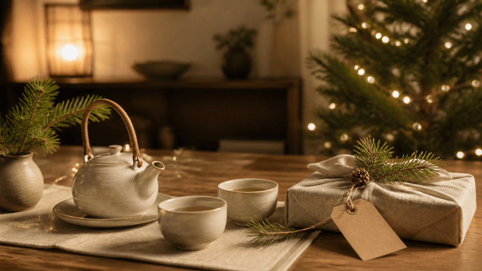 Không gian Noel ấm áp với bộ ấm chén gốm và món quà nhỏ trên bàn gỗ