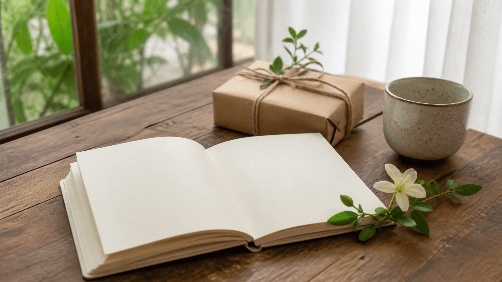 Một cuốn sổ mở với lời nhắn và hộp quà nhỏ bên cạnh