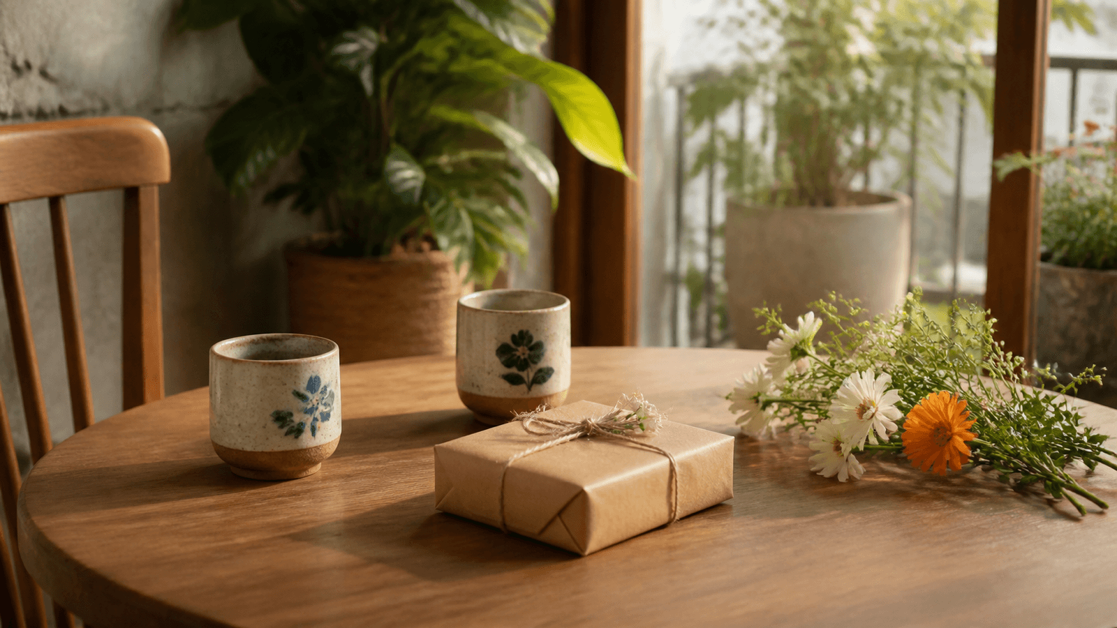 Bàn nhỏ với hai tách đồ uống, hoa và món quà đã chuẩn bị