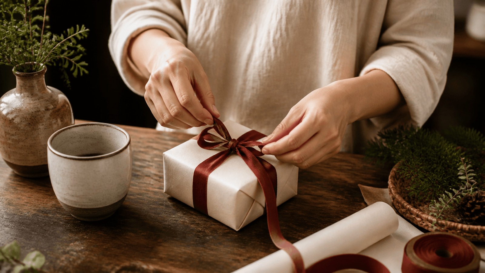 Một người gói quà bằng giấy màu kem và buộc ruy băng đỏ trầm