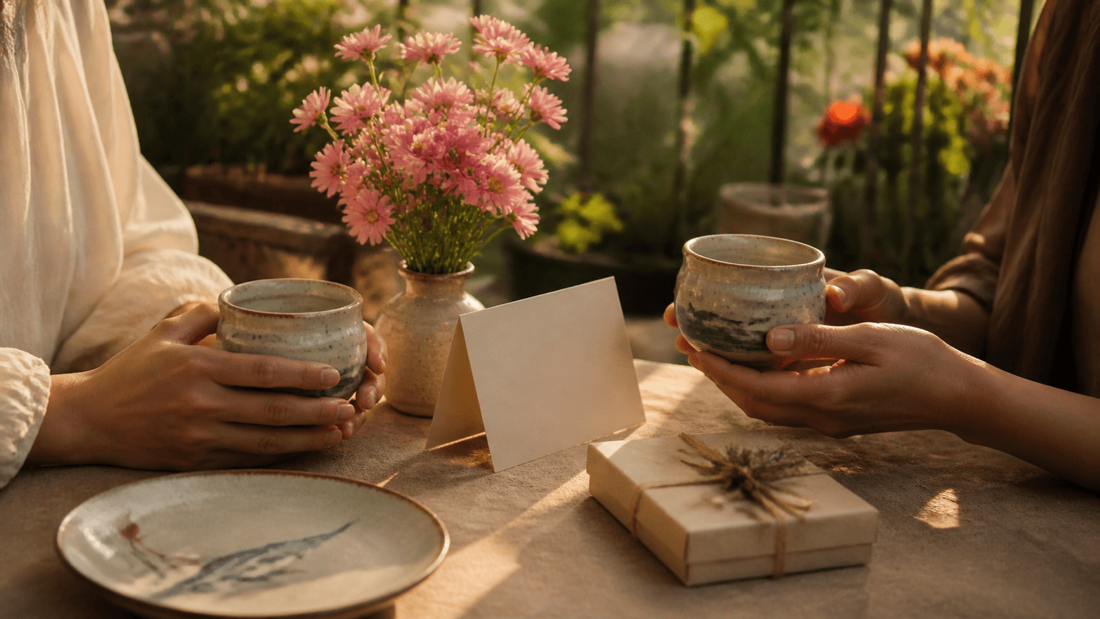Hai người ngồi cạnh bàn nhỏ với hoa, thiệp và hộp quà trong ánh sáng chiều ấm