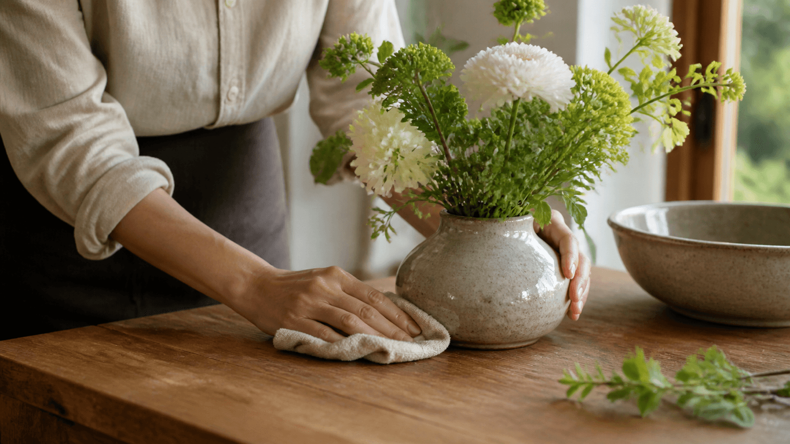 Người thay nước và lau khô đáy bình hoa trên bàn gỗ