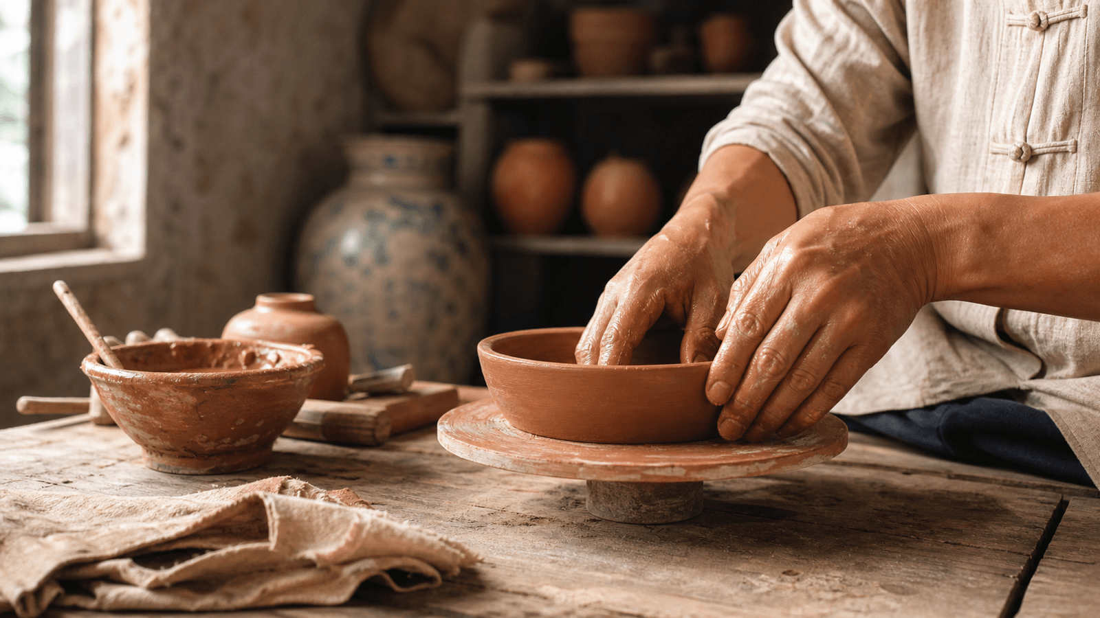 Đôi tay nghệ nhân tạo hình đất sét đỏ trong xưởng gốm thủ công