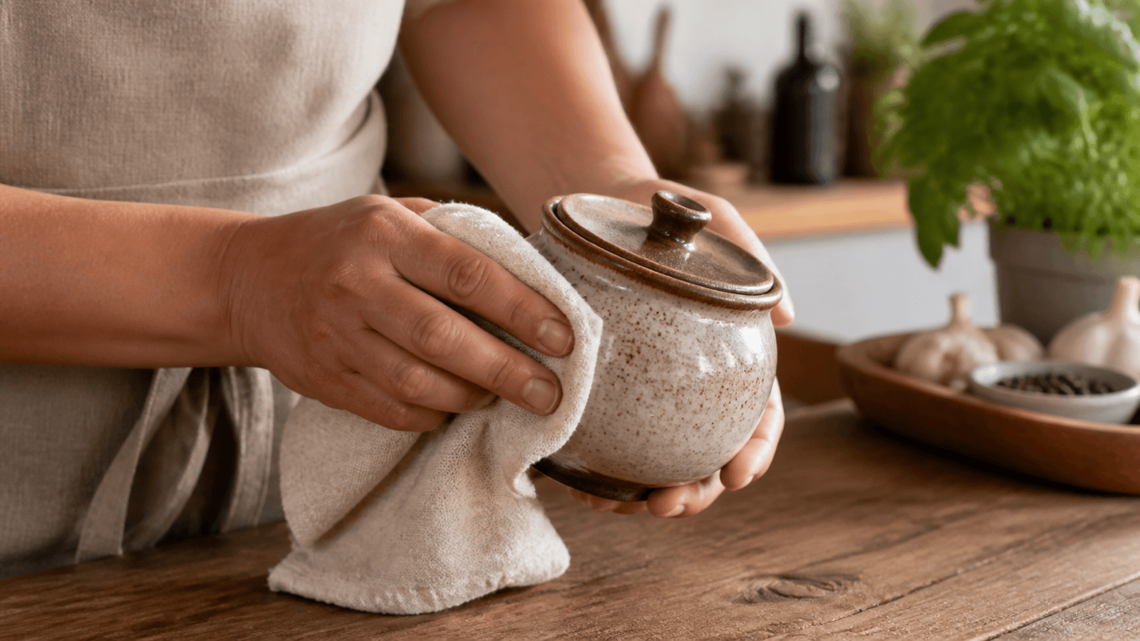 Người đang lau sạch một lọ gia vị gốm trên khăn vải